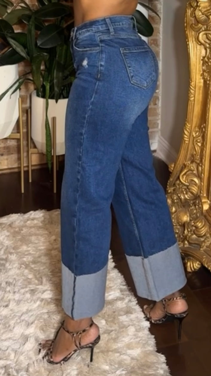 Large Cuff Wide Leg Jeans - Dark Denim
