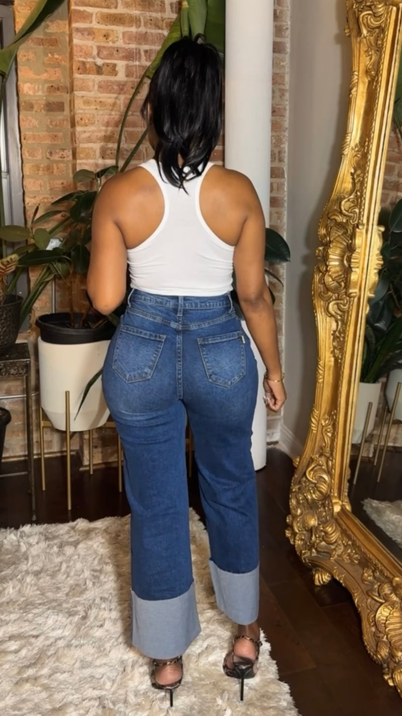 Large Cuff Wide Leg Jeans - Dark Denim