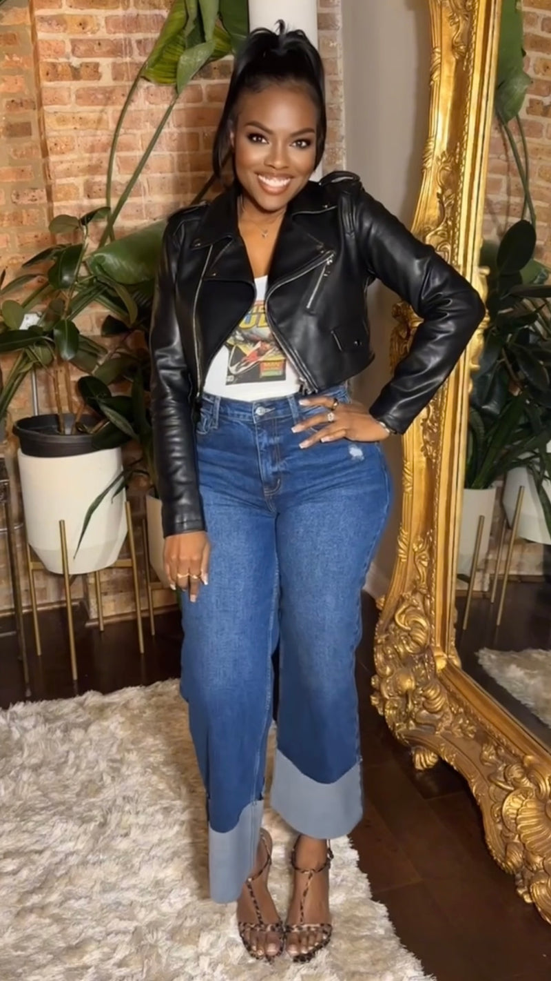 Large Cuff Wide Leg Jeans - Dark Denim