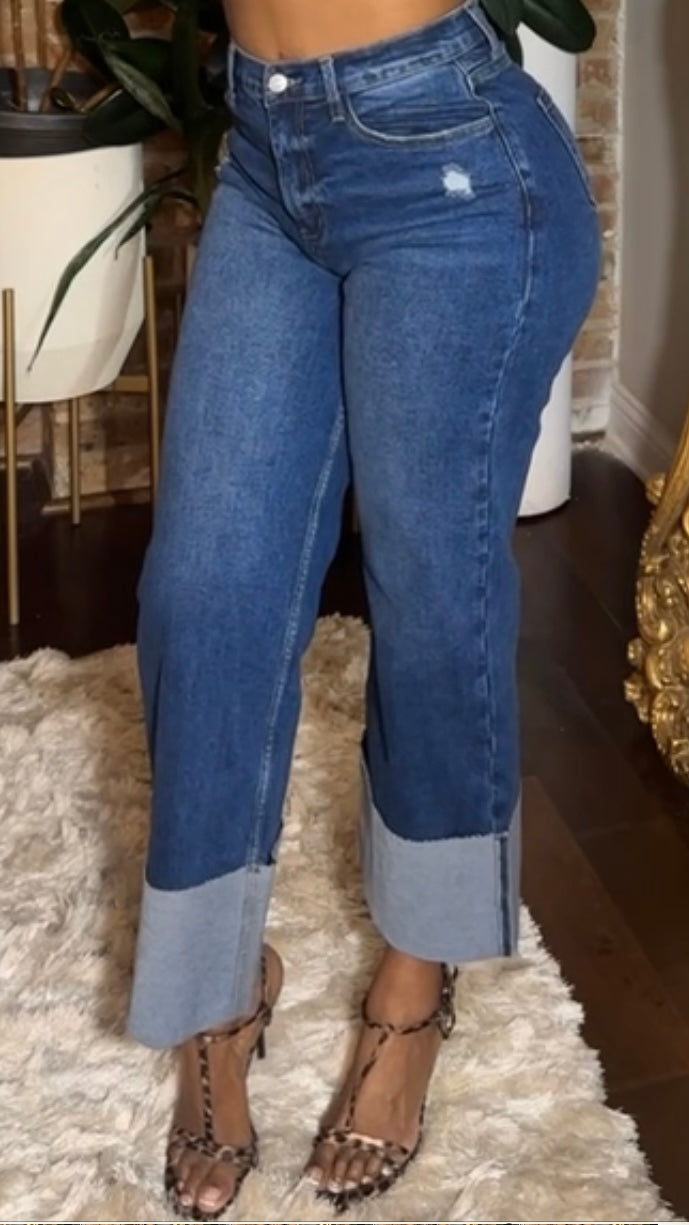 Large Cuff Wide Leg Jeans - Dark Denim