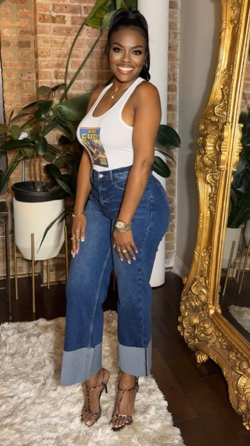Large Cuff Wide Leg Jeans - Dark Denim