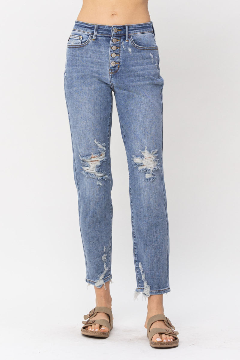 Judy Blue High Waist Button Fly Destroyed Boyfriend Denim Jeans 82462
