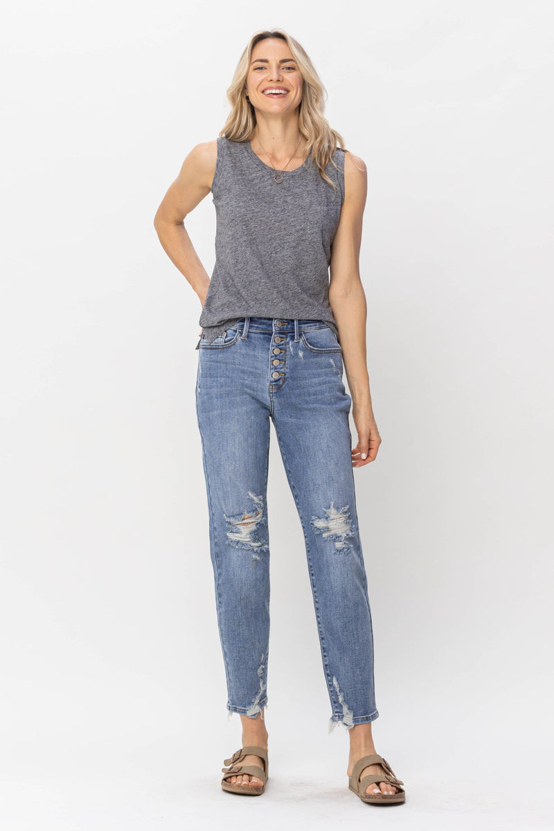 Judy Blue High Waist Button Fly Destroyed Boyfriend Denim Jeans 82462