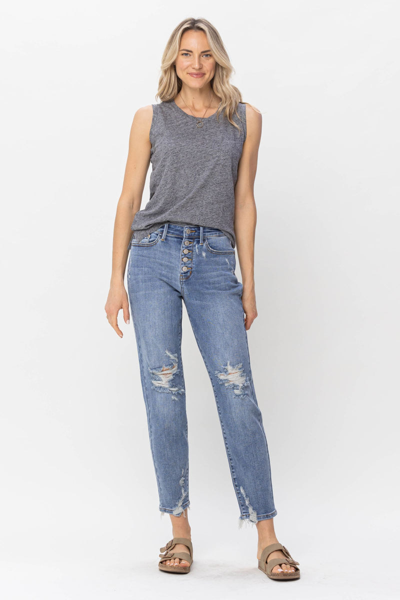 Judy Blue High Waist Button Fly Destroyed Boyfriend Denim Jeans 82462