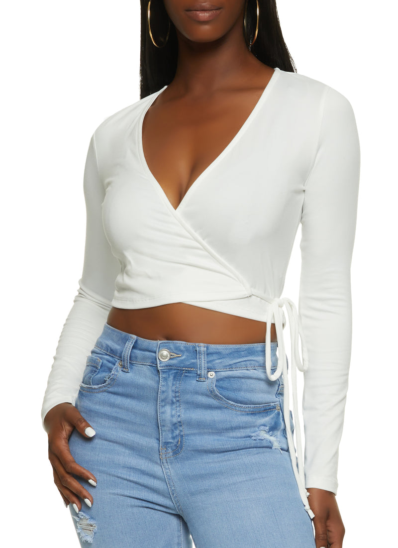 Soft Knit Side Tie Cropped Wrap Top