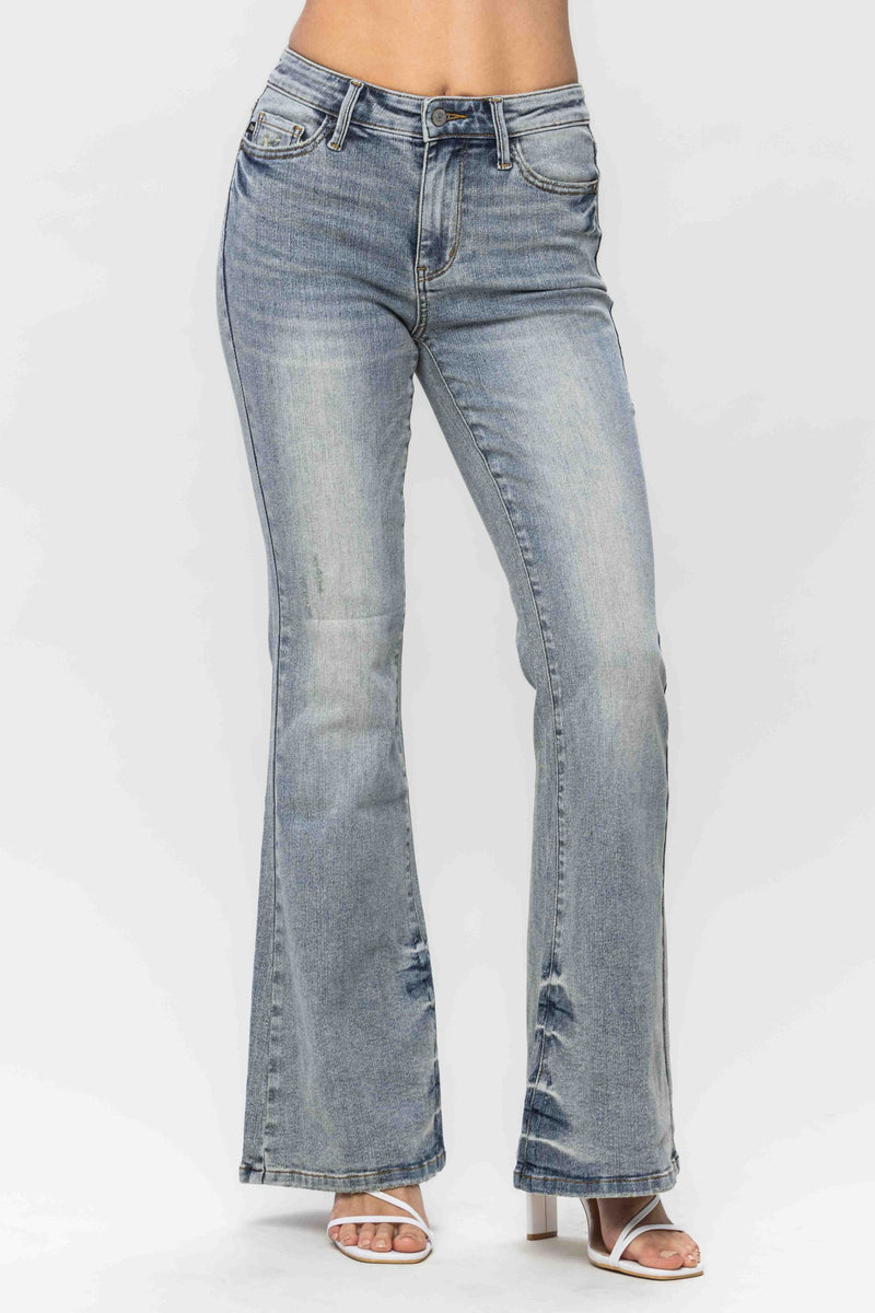 Judy Blue Mid Rise Tinted Pin Tack Detail Flare Denim Jeans 88655