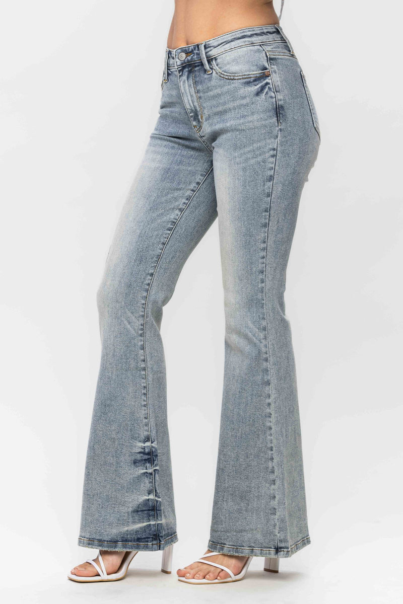 Judy Blue Mid Rise Tinted Pin Tack Detail Flare Denim Jeans 88655