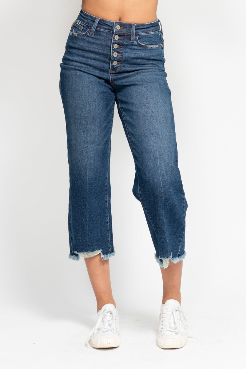 Judy Blue High Waist Button Fly Destroy Wide Leg Crop Denim Jeans 88887