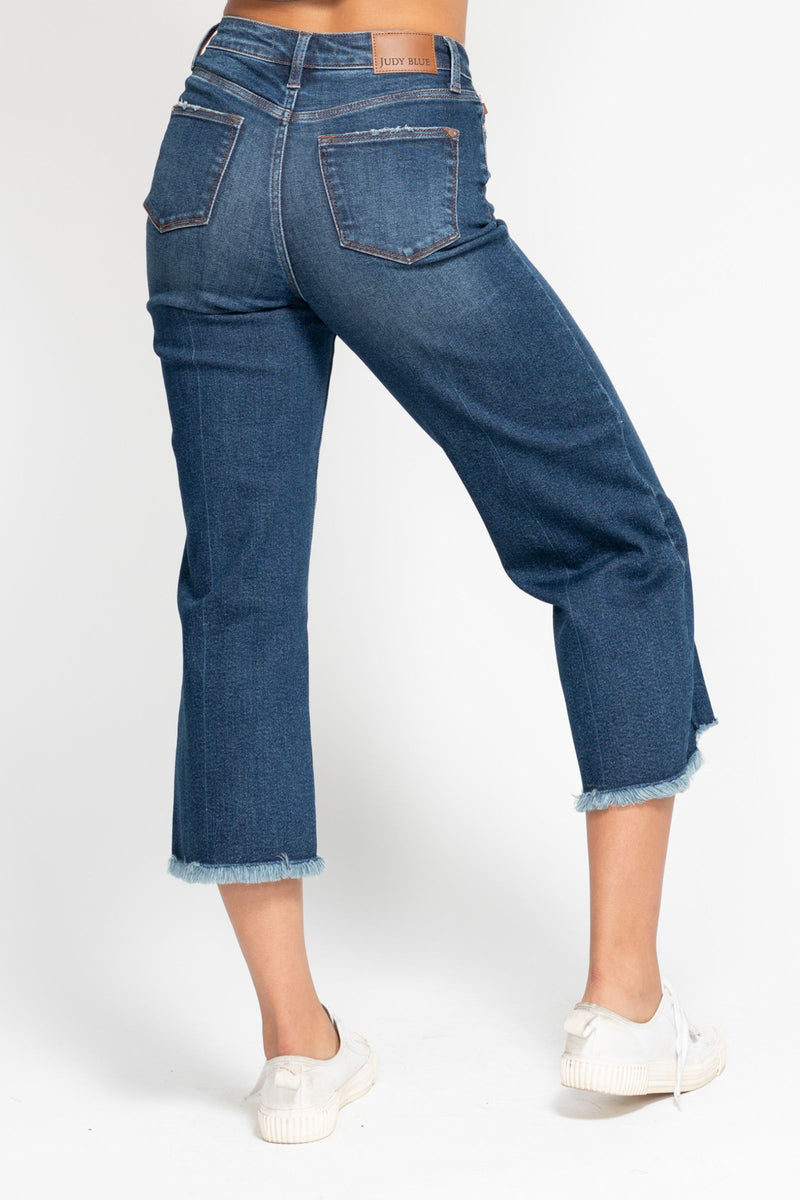 Judy Blue High Waist Button Fly Destroy Wide Leg Crop Denim Jeans 88887