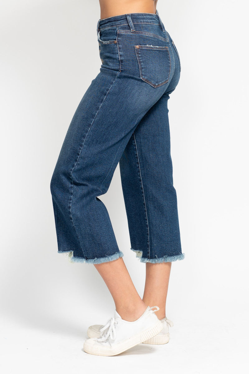 Judy Blue High Waist Button Fly Destroy Wide Leg Crop Denim Jeans 88887