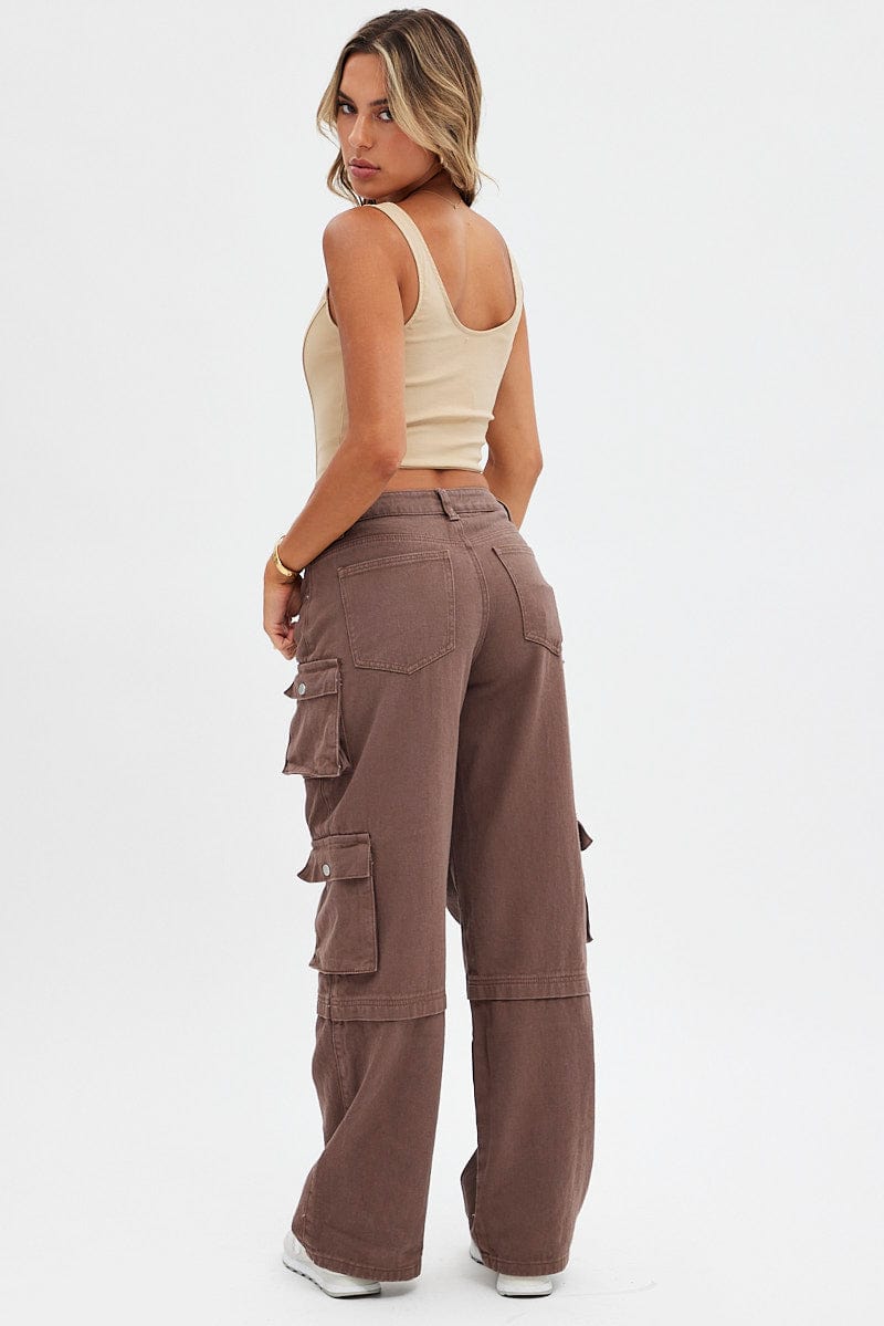 Brown Cargo Denim Jeans High Rise