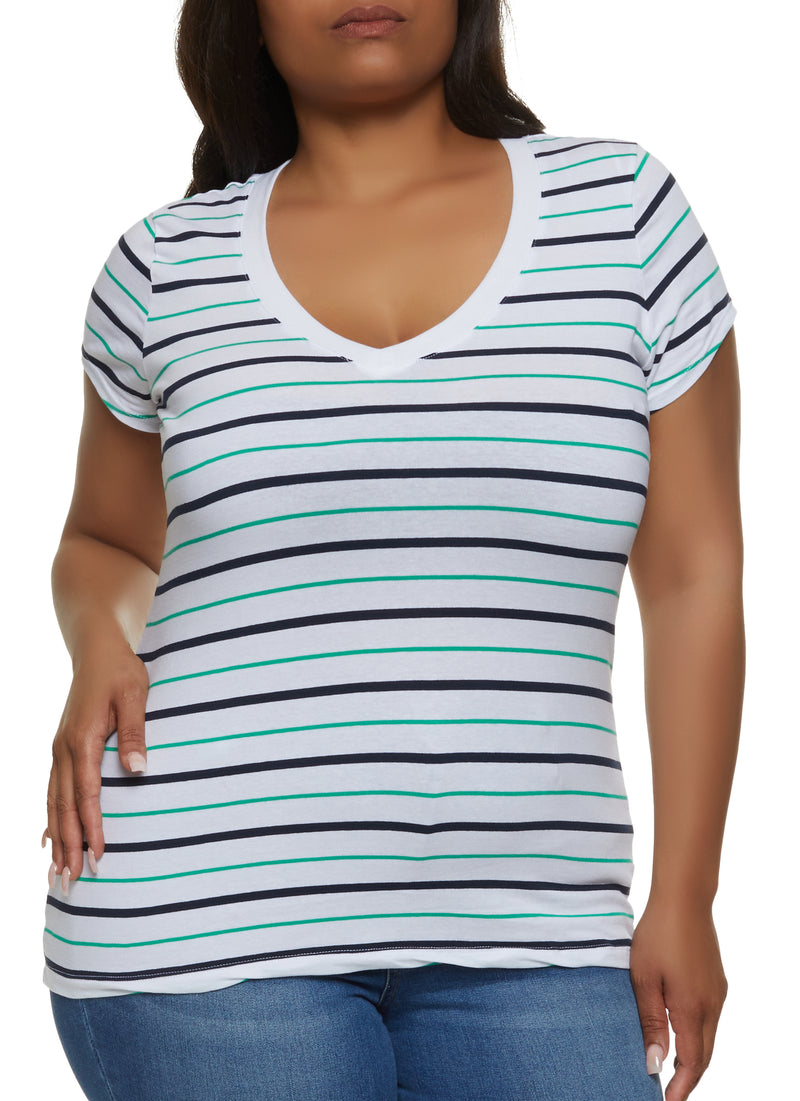 Plus Size Basic Striped V Neck Tee