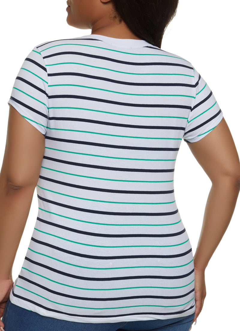 Plus Size Basic Striped V Neck Tee