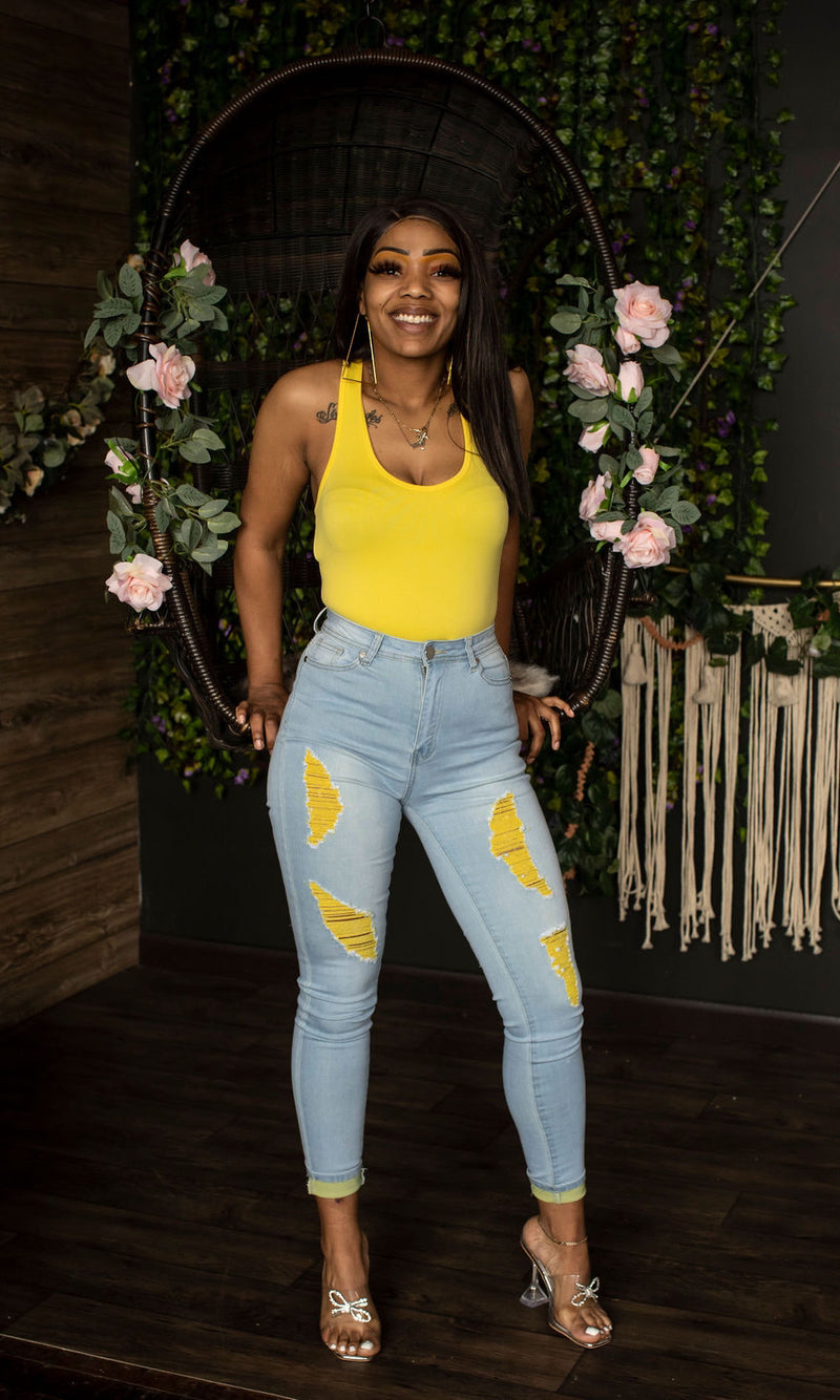 Yellow patch stretch denim (jeans)