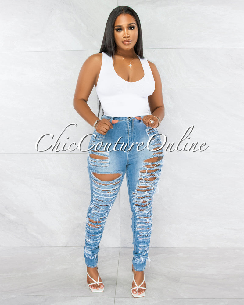 *Laurena Medium Denim All-Over Distressed Jeans