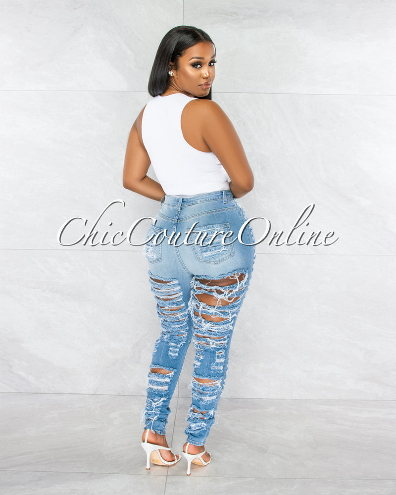 *Laurena Medium Denim All-Over Distressed Jeans