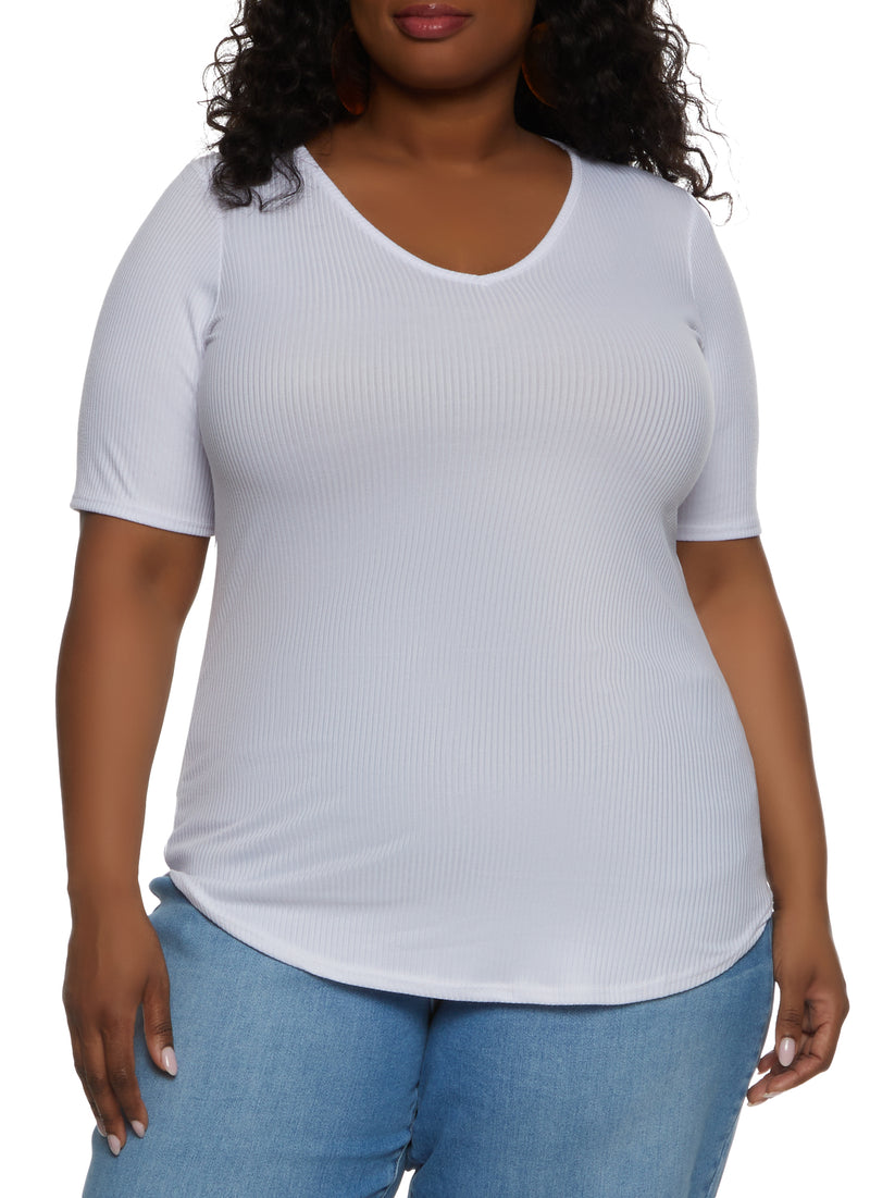 Plus Size Rib Knit V Neck Tee