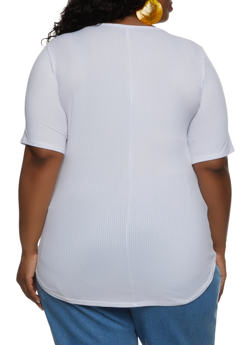 Plus Size Rib Knit V Neck Tee