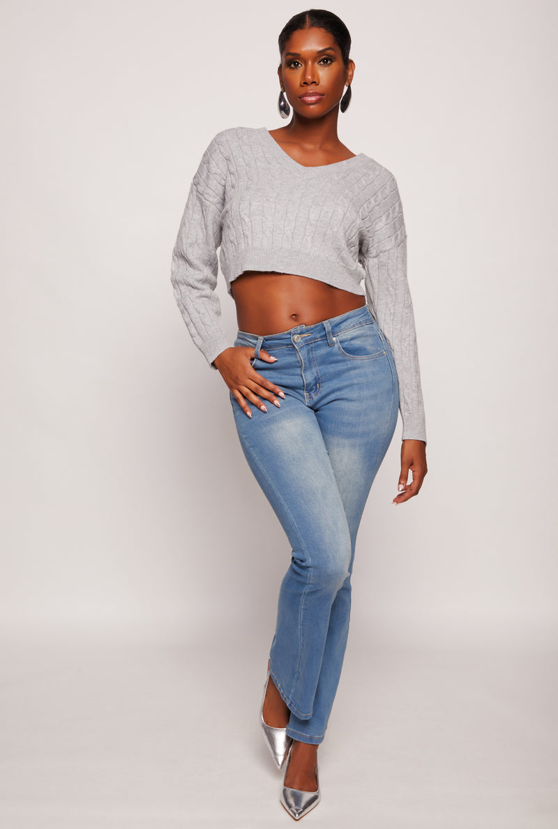 Cable Knit V Neck Cropped Sweater
