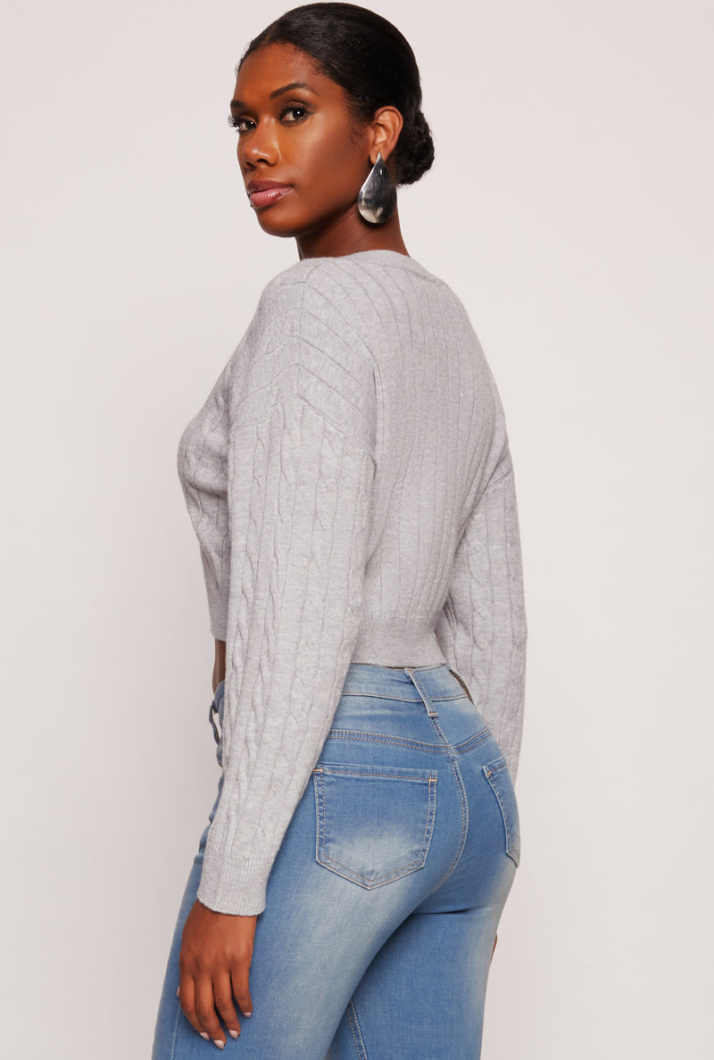 Cable Knit V Neck Cropped Sweater