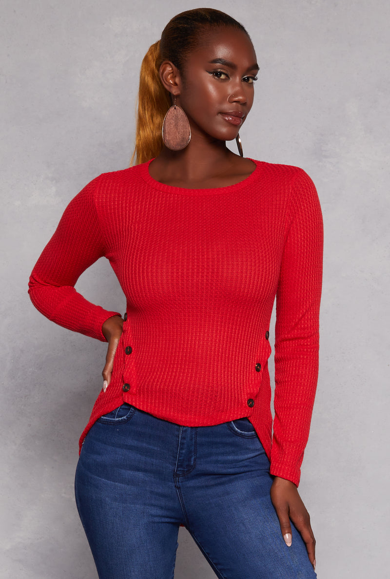 Waffle Knit Side Button High Low Top