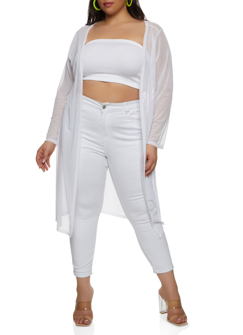 Plus Size Solid Mesh Long Sleeve Duster
