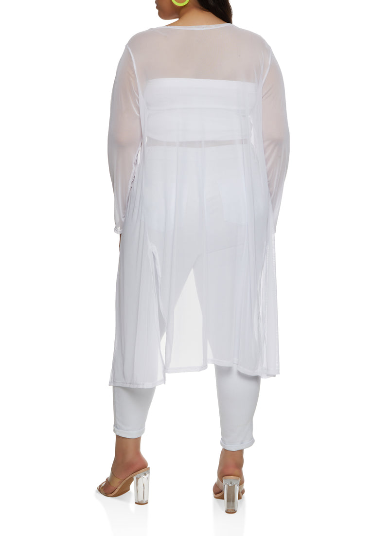 Plus Size Solid Mesh Long Sleeve Duster