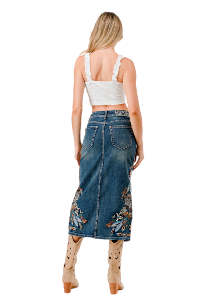 Grace in LA Feather Colorful Embroidery Denim Skirt HLK-61887