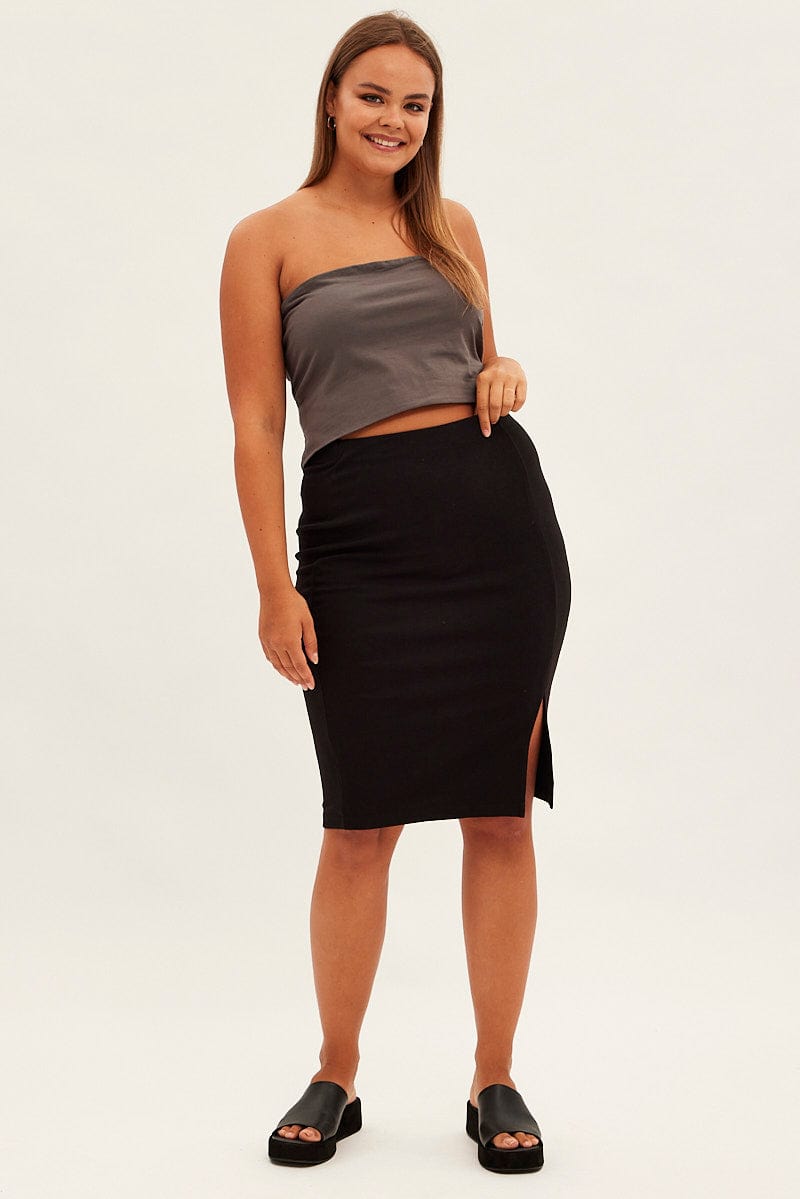 Black Midi Skirt Rib Textured Jersey Elastic Waist