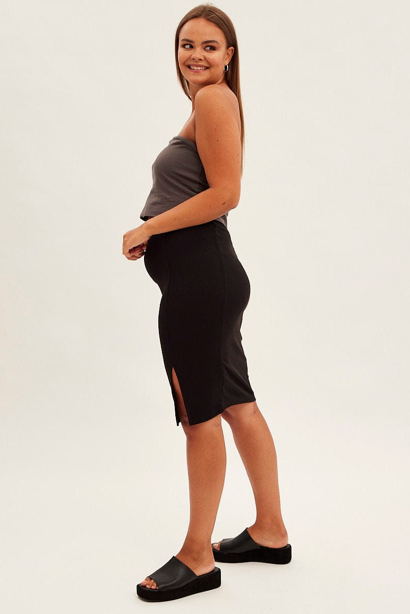 Black Midi Skirt Rib Textured Jersey Elastic Waist