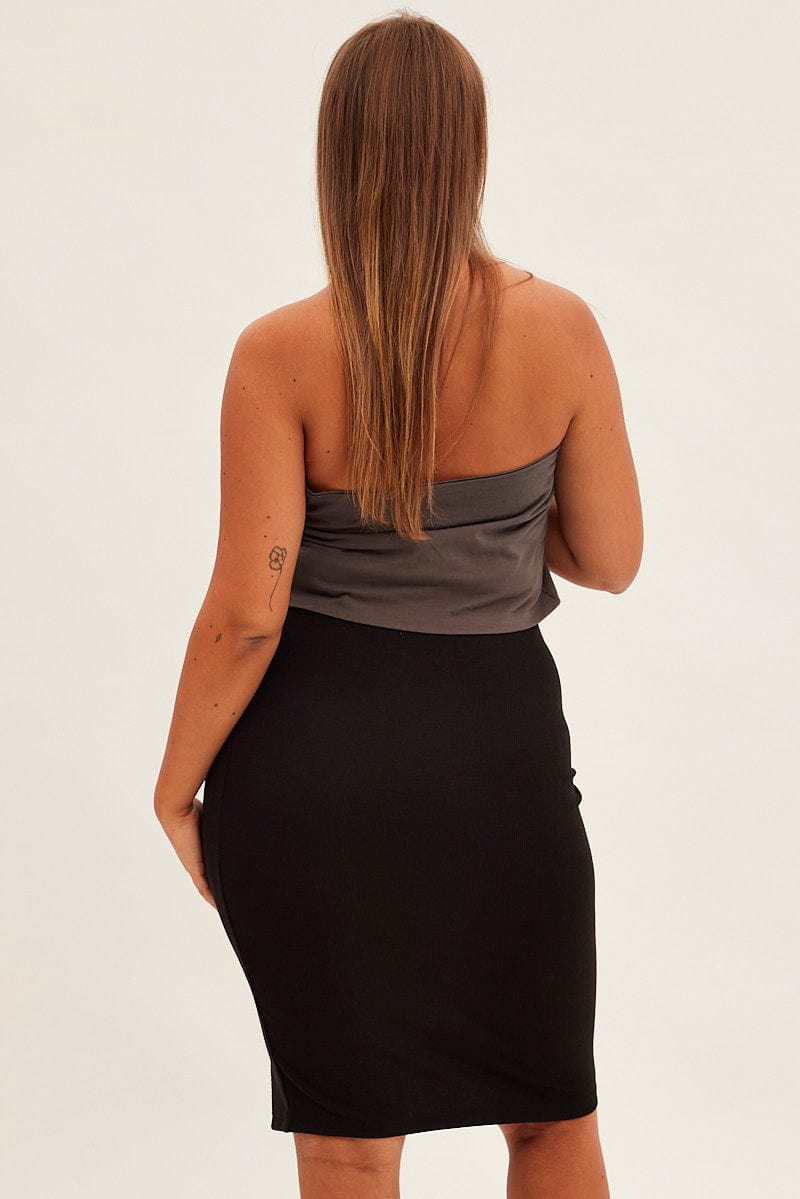 Black Midi Skirt Rib Textured Jersey Elastic Waist