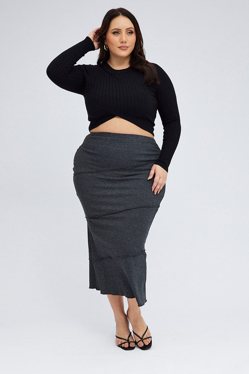 Grey Maxi Skirt Asymmetrical Rib