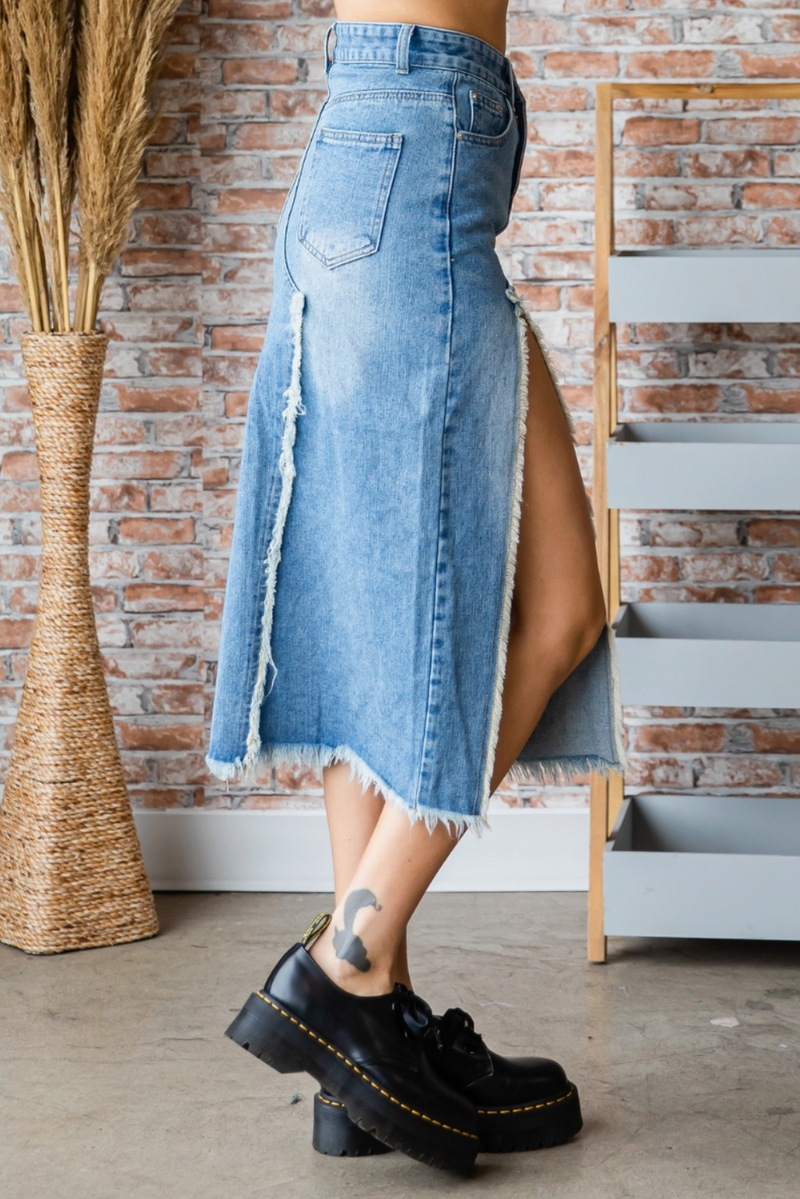 Front and Back Slit Denim Long Skirt