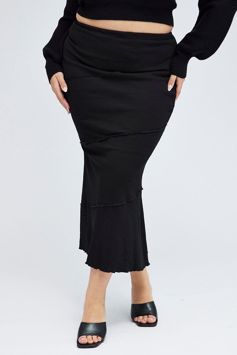 Black Maxi Skirt Asymmetrical Rib