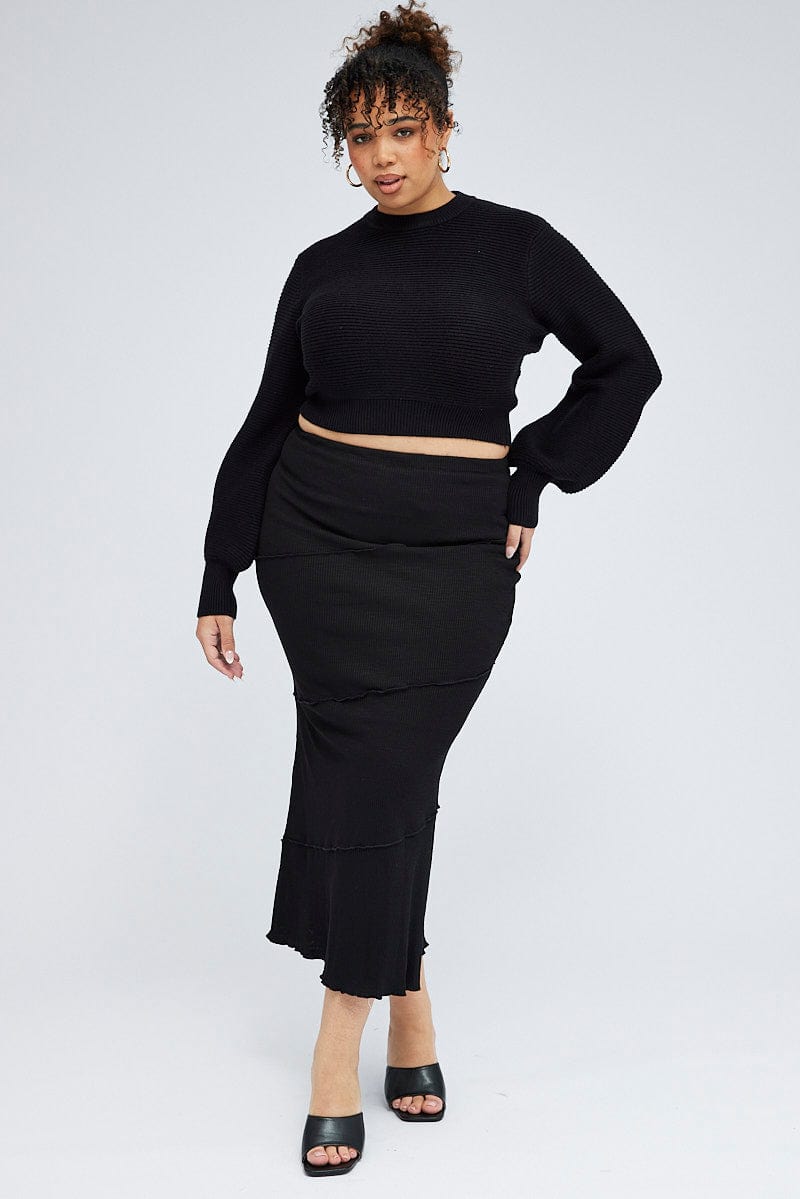 Black Maxi Skirt Asymmetrical Rib