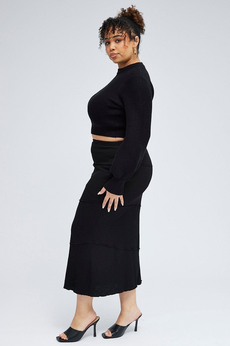 Black Maxi Skirt Asymmetrical Rib