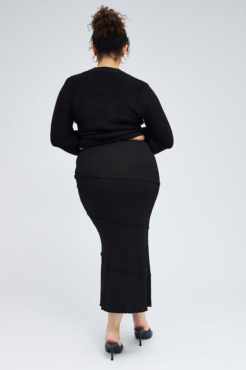 Black Maxi Skirt Asymmetrical Rib