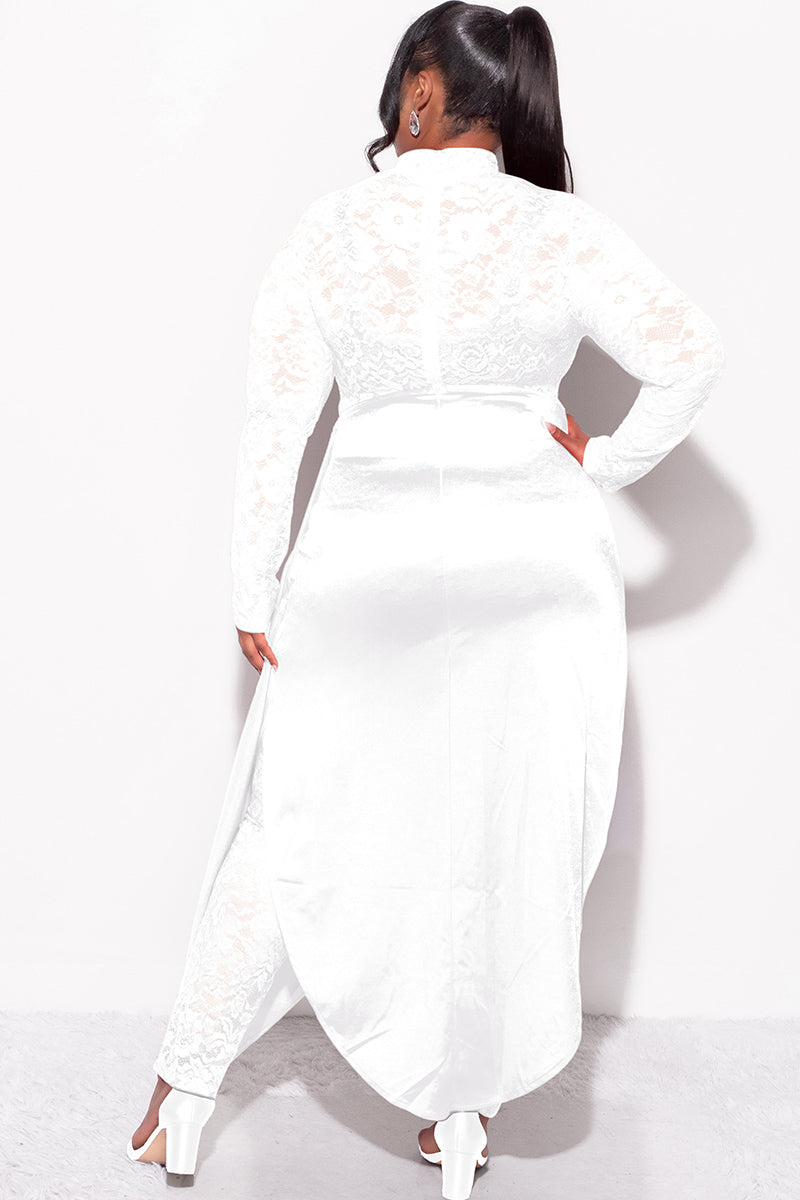 Final Sale Plus Size 2pc Lace Jumpsuit Set with Satin Skirt in White