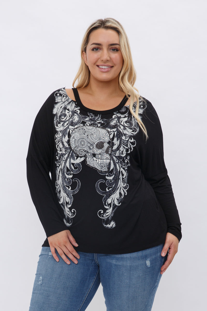 Plus Size New Womens Cut Out Long Sleeve Rhinestone stud Skull Top