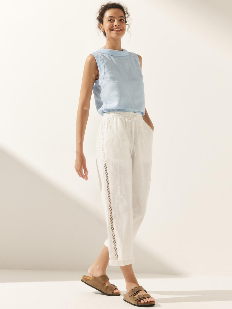 Linen Cropped Hollow Lace Stitching Ankle Length Pants YARA