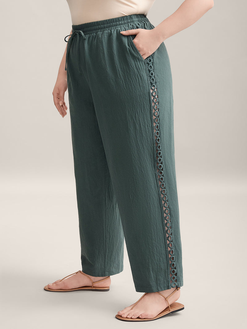 Cotton Side Lace Straight-Fit Plain Pants
