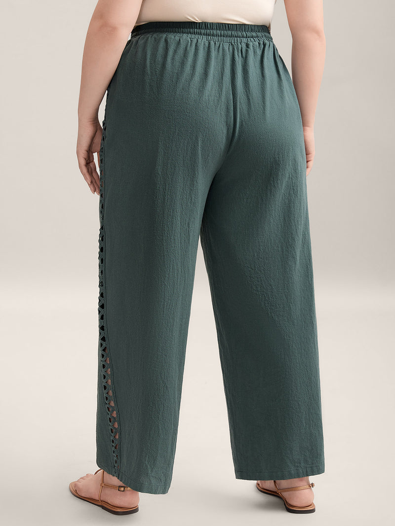 Cotton Side Lace Straight-Fit Plain Pants