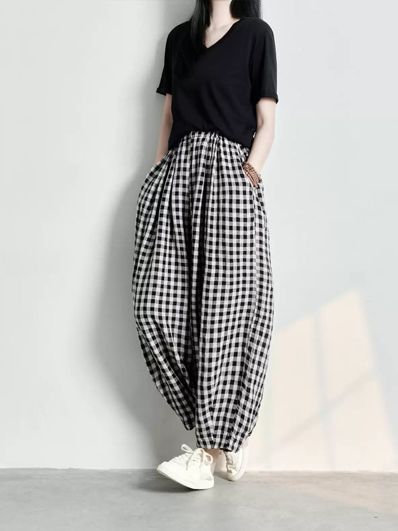 Plus Size Women Spring Casual Plaid Loose Linen Harem Pants