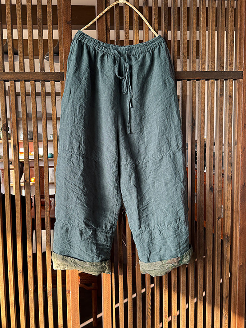 Women Vintage Spring Pure Color Wide-leg Linen Pants