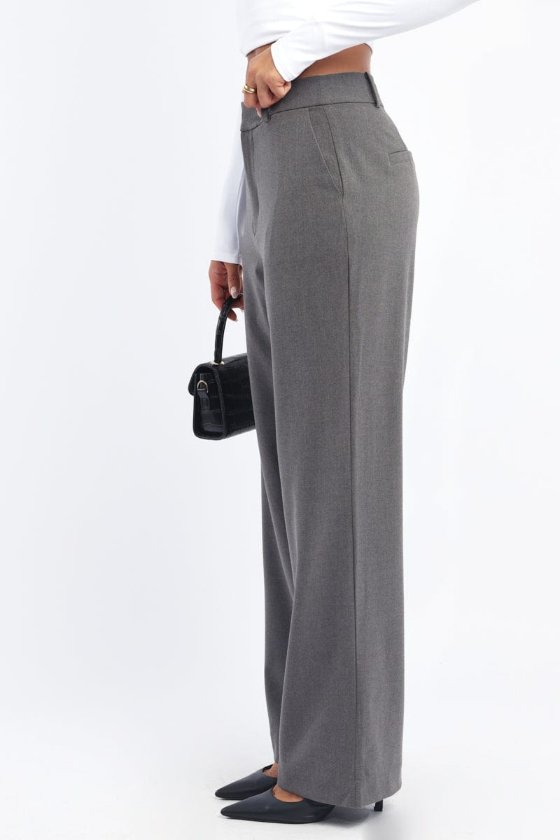 Grey Wide Leg Pants Mid Rise