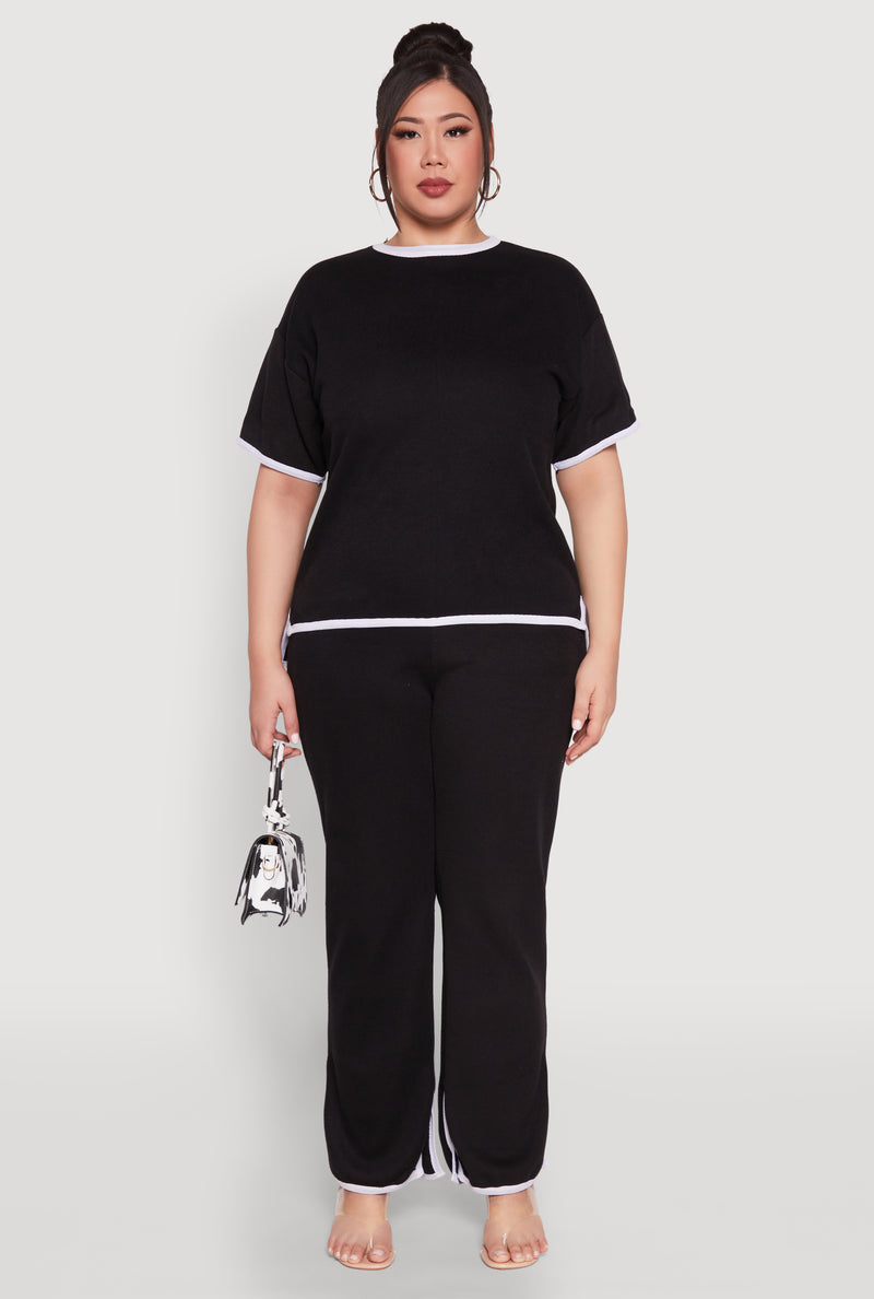 Plus Size Contrast Trim Slit Hem High Waist Pants