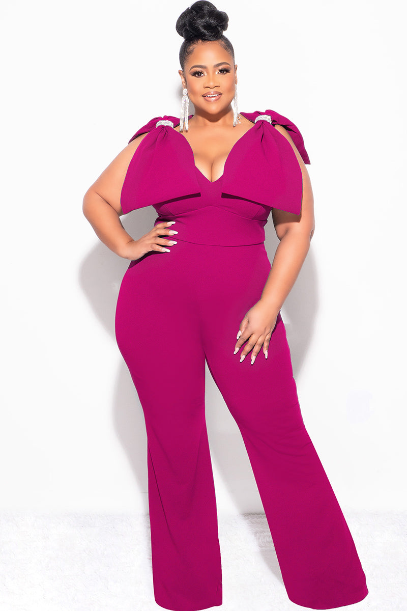 Final Sale Plus Size Jumpsuit with Bow on Shoulders in Fuchsia