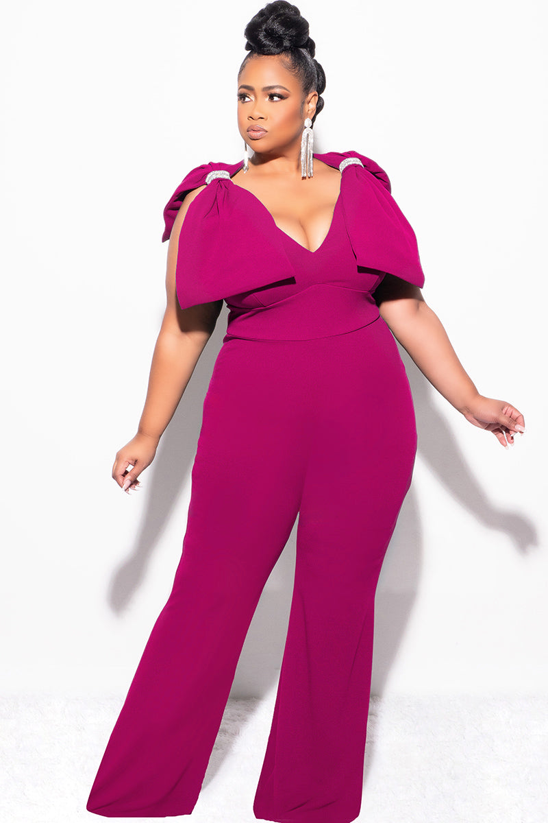 Final Sale Plus Size Jumpsuit with Bow on Shoulders in Fuchsia