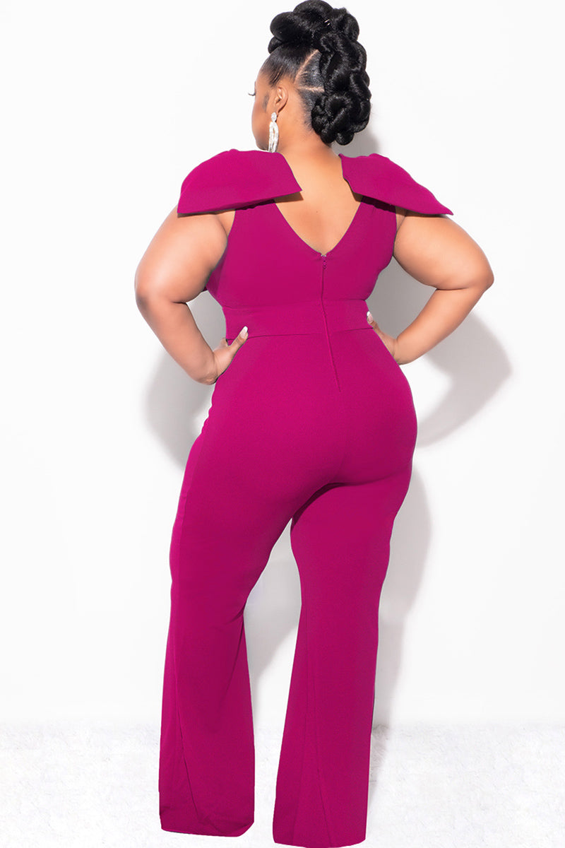 Final Sale Plus Size Jumpsuit with Bow on Shoulders in Fuchsia
