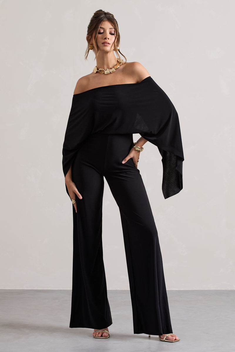 Kori | Black Bardot Wide-Leg Jumpsuit With Cape